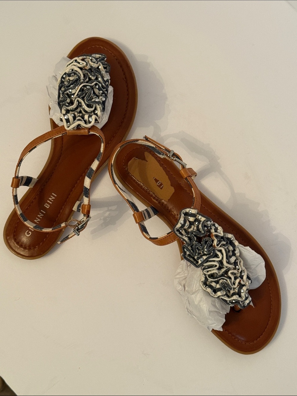Gianni Bini Tan Brown Sandals with Black & White Ruffle Accents - Picture 2 of 3